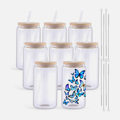 Sublimation Clear Glass/Frosted Blanks with Bamboo Lid - 16oz 8 Pack