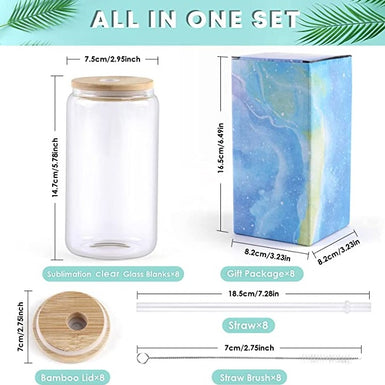 Sublimation Clear Glass/Frosted Blanks with Bamboo Lid - 16oz 8 Pack