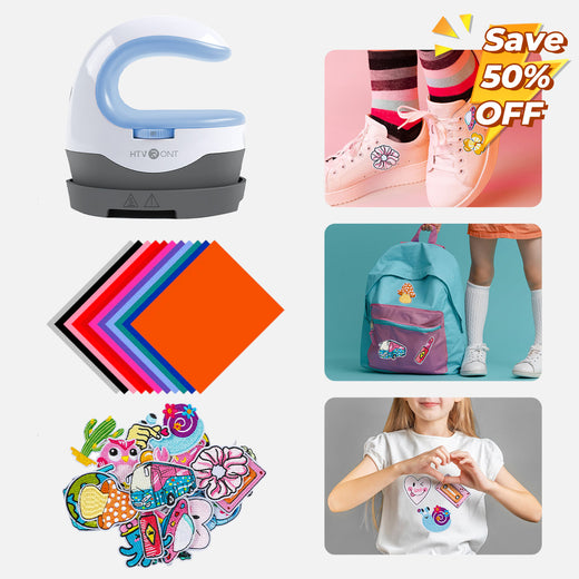 HTVRONT Mini2 Heat Press Machine & 20 Pack Embroidered Iron-On Repair Patches & 20 Pack HTV for Clothes
