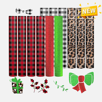 Christmas Buffalo Plaid & Leopard & Glitter Permanent Adhesive Vinyl Bundle 12" x 12" - 12 Sheets