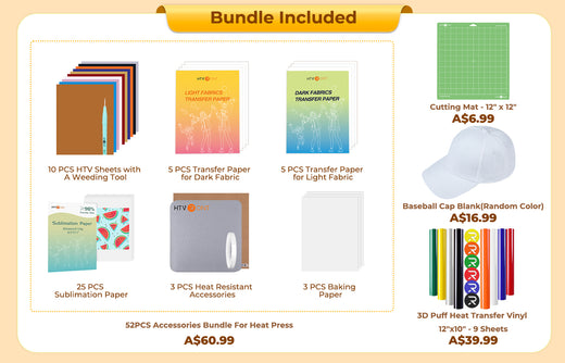 [🎃Halloween Advanced Bundle]LOKLiK Mini3 Heat Press+HTV&Sublimation Bundle(PUFF HTV *8+Multicolor HTV*10+Sumblimation Paper*25+Transfer paper*10+PTFE Teflon Sheet+Heat Press Mat+Cap Blank*1+Weeding Tools≥A＄125)