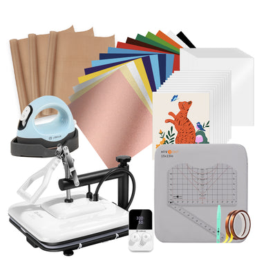 Manual Heat Press Machine 15" x 15" 110V + Mini3 Heat Press + T Shirt Heat Press Kit (Include Vinyl&Sublimation Bundle, Tools&Heat Press Mat)