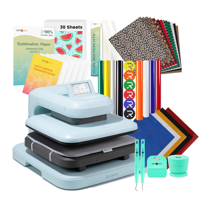 HTVRONT Auto Heat Press 2+Great Valued Bundle(PUFF HTV*8+Glitter HTV*5+Patterned HTV+Sumblimation Paper*30+Sumblimation HTV roll+Transfer paper*6+PTFE Teflon Sheet+Weeding Tools≥145 A＄)