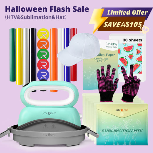 [Halloween Flash Sale]Hat Heat Press Machine+HTV&Sublimation Bundle (Puff HTV*8+Baseball Cap Blank*1+Sublimation Paper*30+Sublimation HTV*5+PTFE Teflon Sheet*1+1Pair Gloves≥A＄95)