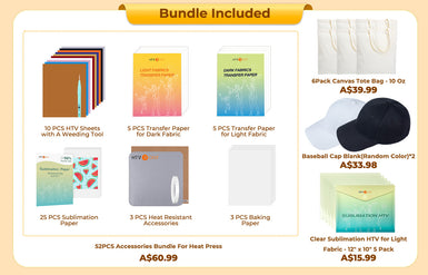 [Ultimate  Premium Bundle]LOKLiK Mini3 Heat Press+HTV&Sublimation Bundle(PUFF HTV *8+Multicolor HTV*10+Sumblimation Paper*25+Transfer paper*10+PTFE Teflon Sheet+Heat Press Mat+Cap Blank*1+Weeding Tools≥A＄125)