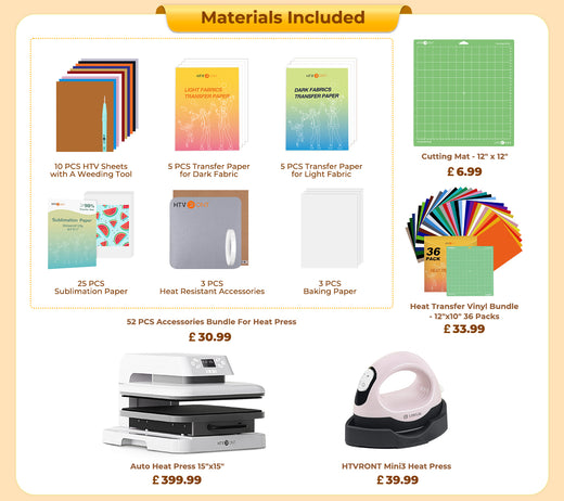 [All in bundle]HTVRONT/LOKLiK Auto Heat Press15“x15”+Mini3 Heat Press Machine+advanced Bundle(Multicolor HTV*46+Sumblimation Paper*25+Transfer paper*10+PTFE Teflon Sheet+Heat Press Mat+Cutting Mat+Weeding Tools≥A＄123)