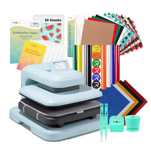 HTVRONT Auto Heat Press 2+Great Valued Bundle(PUFF HTV*8+Glitter HTV*5+Patterned HTV+Sumblimation Paper*30+Sumblimation HTV roll+Transfer paper*6+PTFE Teflon Sheet+Weeding Tools≥145 A＄)