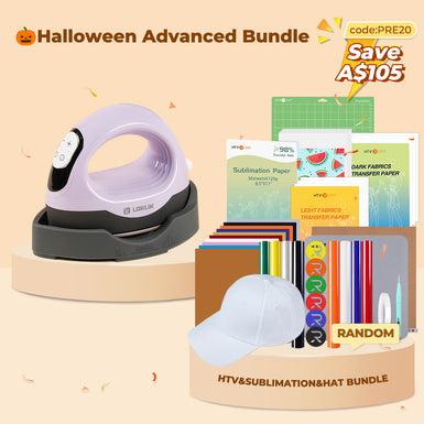 [🎃Halloween Advanced Bundle]LOKLiK Mini3 Heat Press+HTV&Sublimation Bundle(PUFF HTV *8+Multicolor HTV*10+Sumblimation Paper*25+Transfer paper*10+PTFE Teflon Sheet+Heat Press Mat+Cap Blank*1+Weeding Tools≥A＄125)