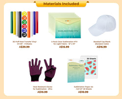 [Halloween Flash Sale]Hat Heat Press Machine+HTV&Sublimation Bundle (Puff HTV*8+Baseball Cap Blank*1+Sublimation Paper*30+Sublimation HTV*5+PTFE Teflon Sheet*1+1Pair Gloves≥A＄95)