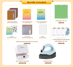 [All in bundle]HTVRONT/LOKLiK Auto Tumbler+Mini3 Heat Press Machine+advanced Bundle(Multicolor HTV*10+Sumblimation Paper*25+Glasses 16oz*4+Transfer paper*10+PTFE Teflon Sheet+Heat Press Mat+Weeding Tools≥A＄121)