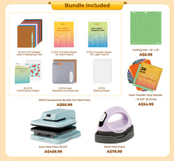 [All in bundle]HTVRONT/LOKLiK Auto Heat Press15“x15”+Mini3 Heat Press Machine+advanced Bundle(Multicolor HTV*46+Sumblimation Paper*25+Transfer paper*10+PTFE Teflon Sheet+Heat Press Mat+Cutting Mat+Weeding Tools≥A＄123)