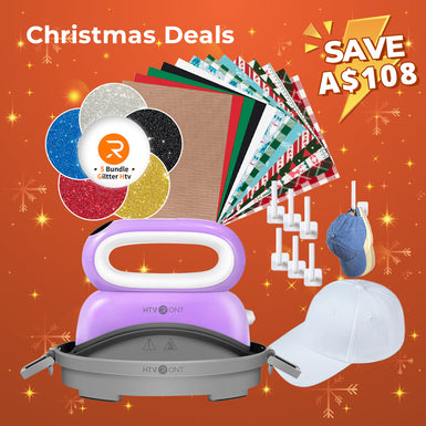 [Christmas Deals]Hat Heat Press Machine+Christmas HTV Bundle (13 Sheets Christmas Patterned HTV+Glitter HTV*5+Baseball Cap Blank*1+6 pack Cap Hangers+PTFE Teflon Sheet*1≥A＄78)