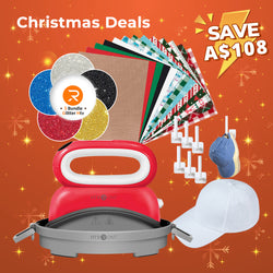 [Christmas Deals]Hat Heat Press Machine+Christmas HTV Bundle (13 Sheets Christmas Patterned HTV+Glitter HTV*5+Baseball Cap Blank*1+6 pack Cap Hangers+PTFE Teflon Sheet*1≥A＄78)