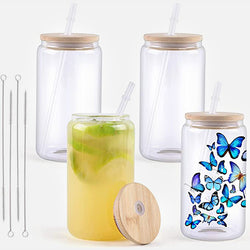 Sublimation Clear Glass Blanks with Bamboo Lid - 16oz 4 Pack