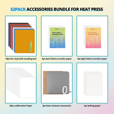 Heat Press Accessories Bundle for Easy Craft - 52 Pcs(included Heat Press Mat 11.5*11.5in+PTFE Teflon Sheet 12*10in)