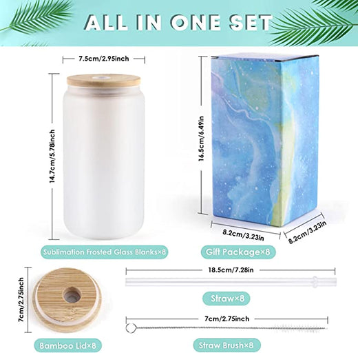 Sublimation Frosted Glass Blanks with Bamboo Lid - 16oz 8 Pack