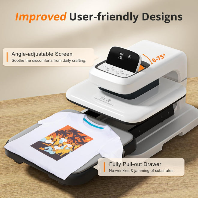 HTVRONT Auto Heat Press 2+Great Valued Bundle(PUFF HTV*8+Glitter HTV*5+Patterned HTV+Sumblimation Paper*30+Sumblimation HTV roll+Transfer paper*6+PTFE Teflon Sheet+Weeding Tools≥145 A＄)