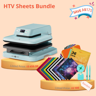 [HTV Sheets Bundle] Auto Heat Press Machine 15" x 15"  230V + 36pcs HTV Sheets + 10pcs Glitter HTV Shtees + 4pcs Galaxy HTV Sheets + 4pcs Weeding Tools