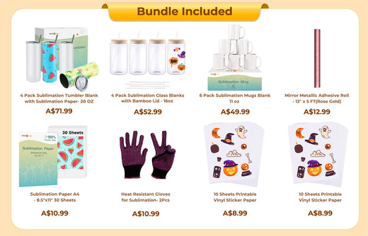 [Halloween Limited Offer] Auto Tumbler Heat Press Machine+Super Valued Bundle(30pcs Sublimation Paper+6pack Sublimation Mugs Blank-11oz+4Pack Glass 16oz+4Pack Tumbler Blank- 20oz+Sticker Paper*20+Mirror Metallic Adhesive Roll+Gloves≥A$228)