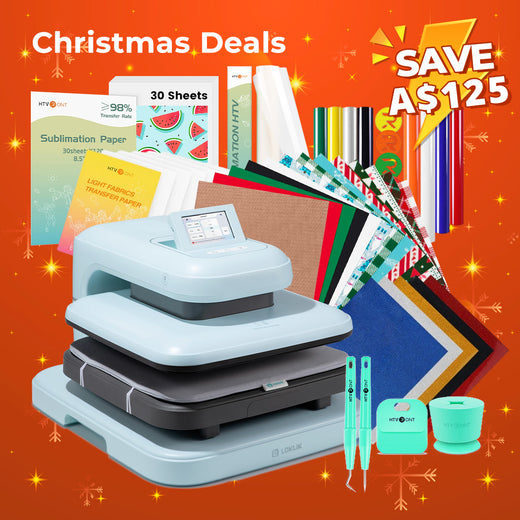 [Christmas Deals]LOKLiK Auto2 Heat Press+Christmas Bundle(PUFF HTV*8+Glitter HTV*5+Christmas HTV*13+Sumblimation Paper*30+Sumblimation HTV roll+Transfer paper*6+PTFE Teflon Sheet+T shirt Rules+Weeding Tools≥145 A＄)