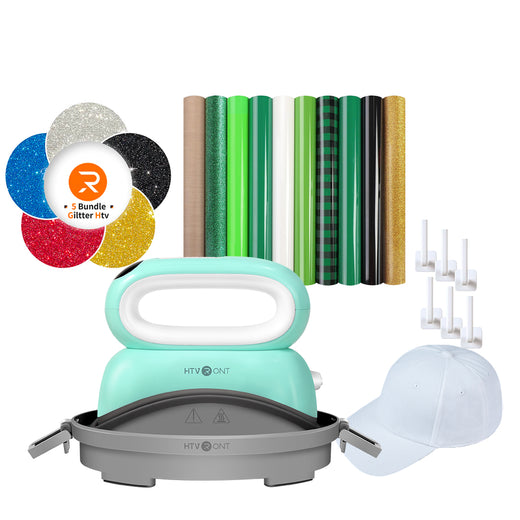 [St. Patrick's Day Deals]Hat Heat Press Machine+St. Patrick's Day HTV Bundle (10 Sheets St. Patrick's Day Patterned HTV+Glitter HTV*5+Baseball Cap Blank*1+6 pack Cap Hangers+PTFE Teflon Sheet*1≥A＄78)