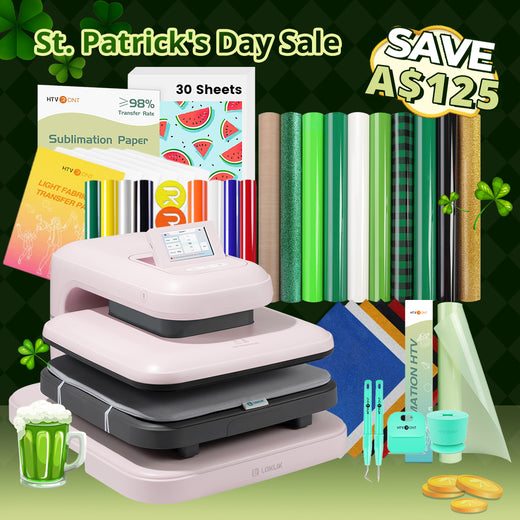 [St. Patrick's Day Deals]LOKLiK Auto Heat Press 2+Great Valued Bundle(PUFF HTV*8+Glitter HTV*5+Patterned HTV+Sumblimation Paper*30+Sumblimation HTV roll+Transfer paper*6+PTFE Teflon Sheet+Weeding Tools≥145 A＄)