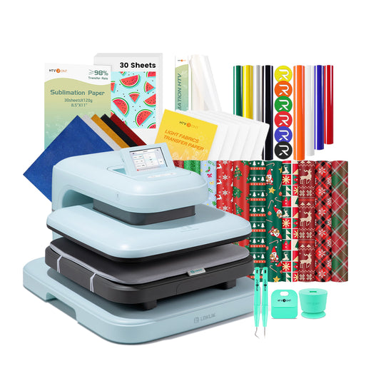 [Christmas Deals]LOKLiK Auto2 Heat Press+Christmas Bundle(PUFF HTV*8+Glitter HTV*5+Christmas HTV*13+Sumblimation Paper*30+Sumblimation HTV roll+Transfer paper*6+PTFE Teflon Sheet+T shirt Rules+Weeding Tools≥145 A＄)