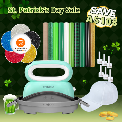 [St. Patrick's Day Deals]Hat Heat Press Machine+St. Patrick's Day HTV Bundle (10 Sheets St. Patrick's Day Patterned HTV+Glitter HTV*5+Baseball Cap Blank*1+6 pack Cap Hangers+PTFE Teflon Sheet*1≥A＄78)