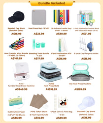 [All in one]HTVRONT Auto2+Tumbler+Hat Heat Press+All in One Bundle(Multicolor HTV Roll*20+150 sheets Sublimation Paper A4+Sublimation HTV Roll+PUFF HTV*8+Tumbler Blanks*4+Canvas Bags*6+Cap*2+Tools≥416 A＄)