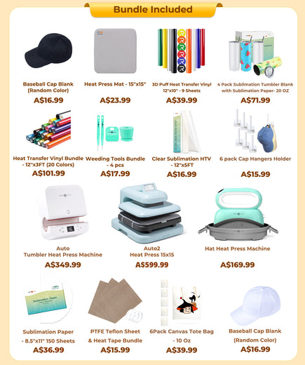 [All in one]HTVRONT Auto2+Tumbler+Hat Heat Press+All in One Bundle(Multicolor HTV Roll*20+150 sheets Sublimation Paper A4+Sublimation HTV Roll+PUFF HTV*8+Tumbler Blanks*4+Canvas Bags*6+Cap*2+Tools≥416 A＄)