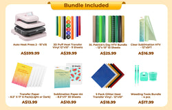 [St. Patrick's Day Deals]LOKLiK Auto Heat Press 2+Great Valued Bundle(PUFF HTV*8+Glitter HTV*5+Patterned HTV+Sumblimation Paper*30+Sumblimation HTV roll+Transfer paper*6+PTFE Teflon Sheet+Weeding Tools≥145 A＄)