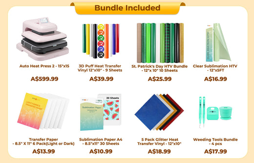 [St. Patrick's Day Deals]LOKLiK Auto Heat Press 2+Great Valued Bundle(PUFF HTV*8+Glitter HTV*5+Patterned HTV+Sumblimation Paper*30+Sumblimation HTV roll+Transfer paper*6+PTFE Teflon Sheet+Weeding Tools≥145 A＄)