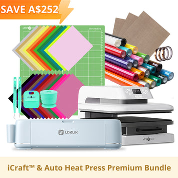 [iCraft & Heat Press Bundle ] LOKLiK iCraft™ Cutting Machine + Auto Heat Press 15"x15" + Accessories Bundle(20 rolls HTV, 36 sheets HTV, essential tools)