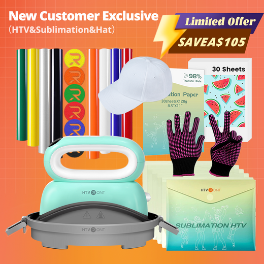 [New Customer Exclusive]Hat Heat Press Machine+HTV&Sublimation Bundle (Puff HTV*8+Baseball Cap Blank*1+Sublimation Paper*30+Sublimation HTV*5+PTFE Teflon Sheet*1+1Pair Gloves≥A＄95)