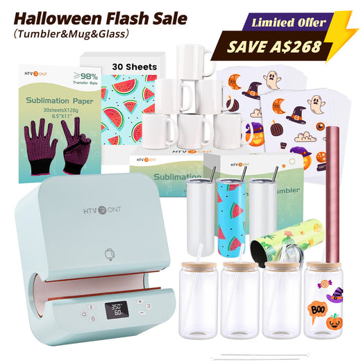 [Halloween Limited Offer] Auto Tumbler Heat Press Machine+Super Valued Bundle(30pcs Sublimation Paper+6pack Sublimation Mugs Blank-11oz+4Pack Glass 16oz+4Pack Tumbler Blank- 20oz+Sticker Paper*20+Mirror Metallic Adhesive Roll+Gloves≥A$228)