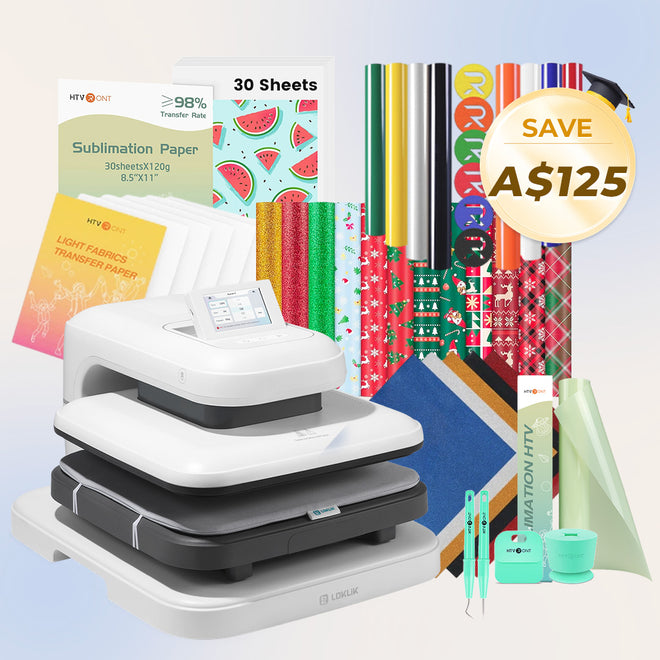 HTVRONT Auto Heat Press 2+Great Valued Bundle(PUFF HTV*8+Glitter HTV*5+Patterned HTV+Sumblimation Paper*30+Sumblimation HTV roll+Transfer paper*6+PTFE Teflon Sheet+Weeding Tools≥145 A＄)