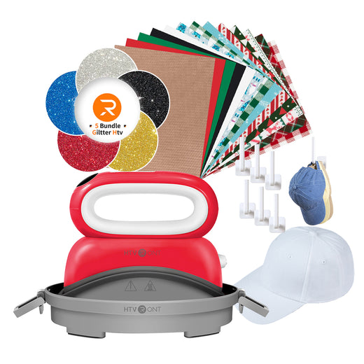 [Christmas Deals]Hat Heat Press Machine+Christmas HTV Bundle (13 Sheets Christmas Patterned HTV+Glitter HTV*5+Baseball Cap Blank*1+6 pack Cap Hangers+PTFE Teflon Sheet*1≥A＄78)