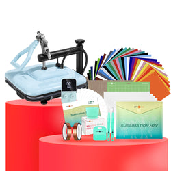 [Premium Bundle] Manual Heat Press Machine 15" x 15" 230V - (2 Colors) & Great Material Bundle (Including 36 sheets HTV, 150 sheets sublimation paper, subli HTV, weeding tools, cutting mat, heat press accessories)