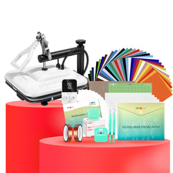 [Premium Bundle] Manual Heat Press Machine 15" x 15" 230V - (2 Colors) & Great Material Bundle (Including 36 sheets HTV, 150 sheets sublimation paper, subli HTV, weeding tools, cutting mat, heat press accessories)