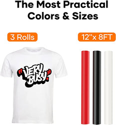 Heat Transfer Vinyl Bundle - 3 Roll 12'' x 8 FT (Black+White+Red)